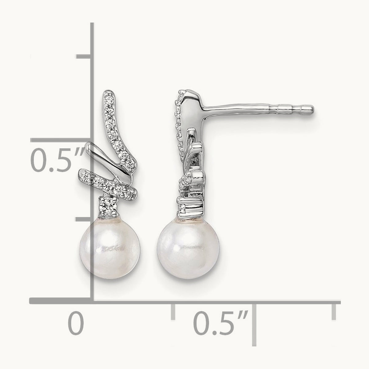 Polished Diamond and Pearl Drop Post Earrings — 14K White Gold