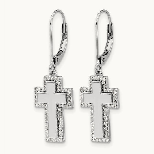 Diamond Fancy Cross Leverback Earrings, 14K White Gold