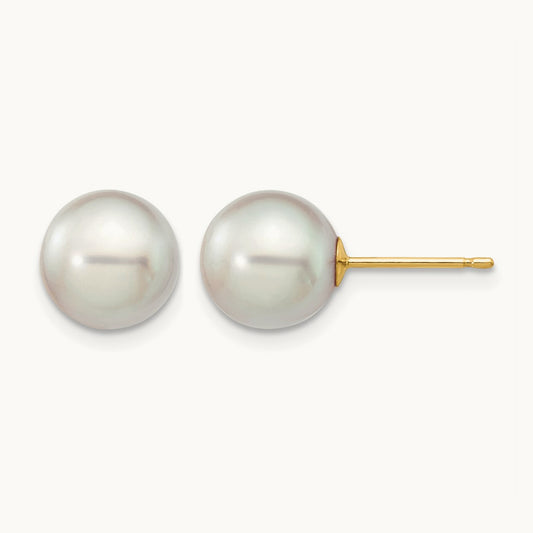 8- Round Grey Saltwater Akoya Cultured Pearl Stud Post Earrings, 9mm, 14K