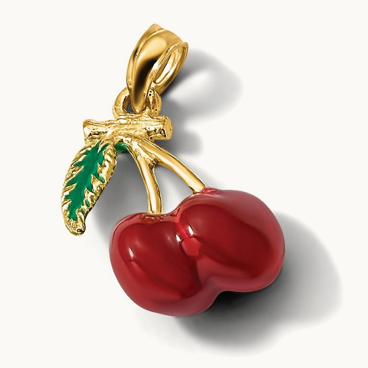 3-D Enamel Cherries W/ Leaf Charm, 14K