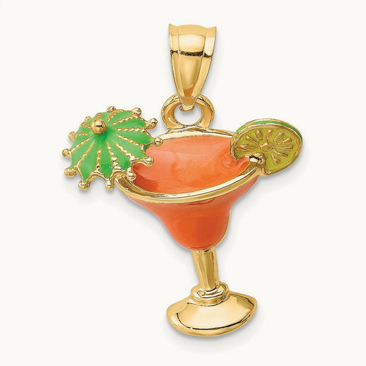 Orange Enameled Margarita Drink w/Umbrella and Lime Charm, 14K