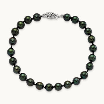 6- Round Black Saltwater Akoya Cultured Pearl Bracelet, 14K White Gold