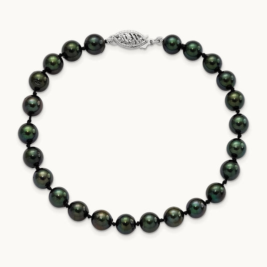 6- Round Black Saltwater Akoya Cultured Pearl Bracelet, 14K White Gold