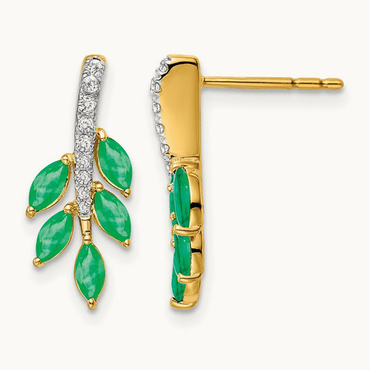 Emerald and Diamond Leaf Earrings, 14K