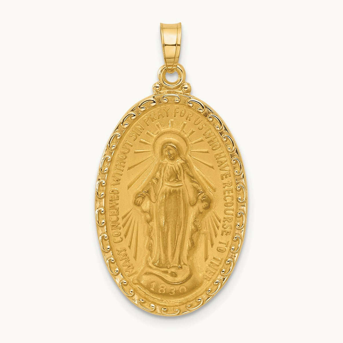 Satin and Polished Miraculous Medal Solid Oval Pendant — 33mm