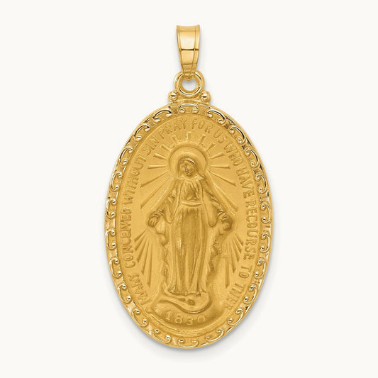 Satin and Polished Miraculous Medal Solid Oval Pendant — 33mm
