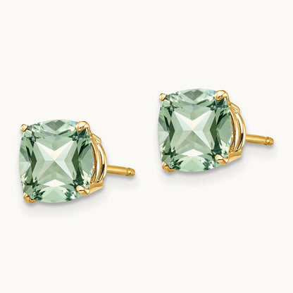 Cushion Green Quartz Earring, 7mm, 14K