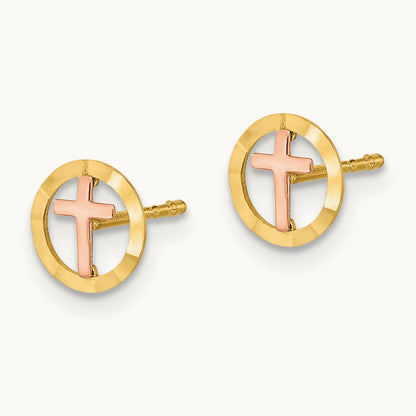Circle with Cross Post Earrings, 14K Two-tone