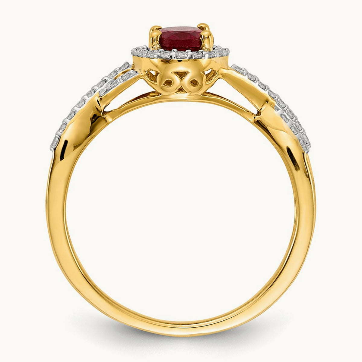 Diamond and Ruby Oval Halo Ring — 14K Yellow Gold