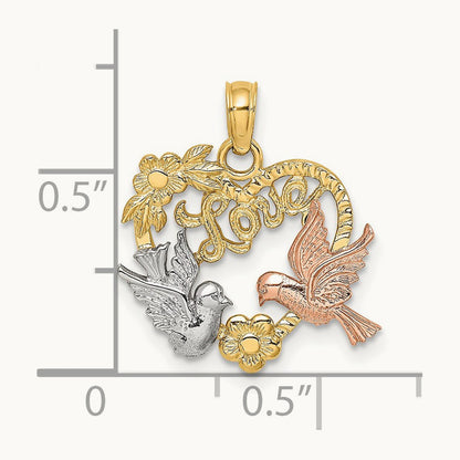 w/Rhodium LOVE w/Doves Heart Charm, 14K Yellow with Rose Gold