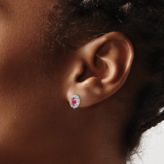 Diamond and Ruby Oval Halo Earrings — 14K White Gold