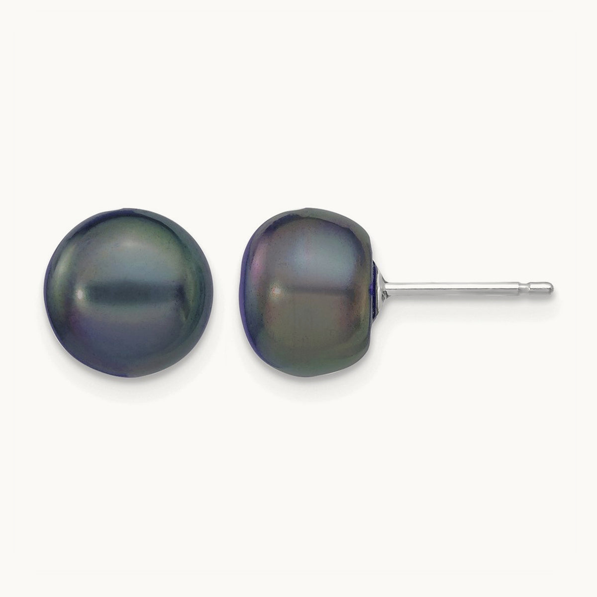 Black Button Freshwater Cultured Pearl Stud Post Earrings — 14K White Gold