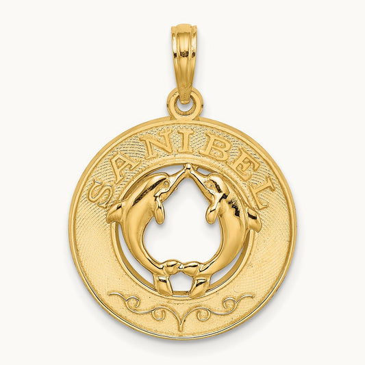 SANIBEL w/Dolphins Circle Charm, 14K