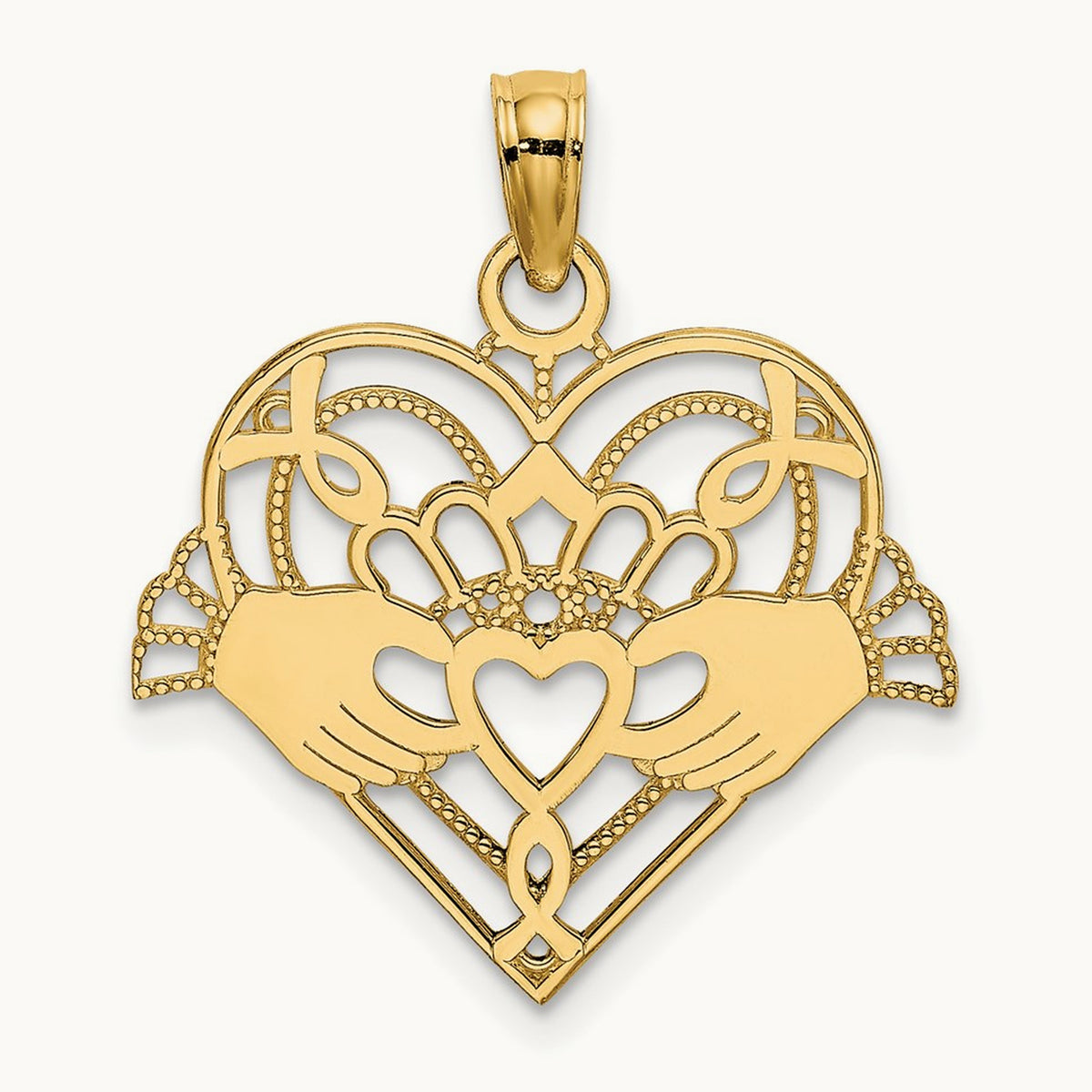Polished and Beaded Claddagh In Heart Charm — 14K Yellow Gold