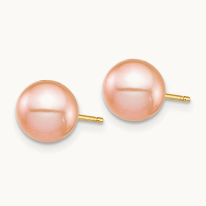 Madi K 7- Pink Round Freshwater Cultured Pearl Stud Post Earrings, 8mm, 14K