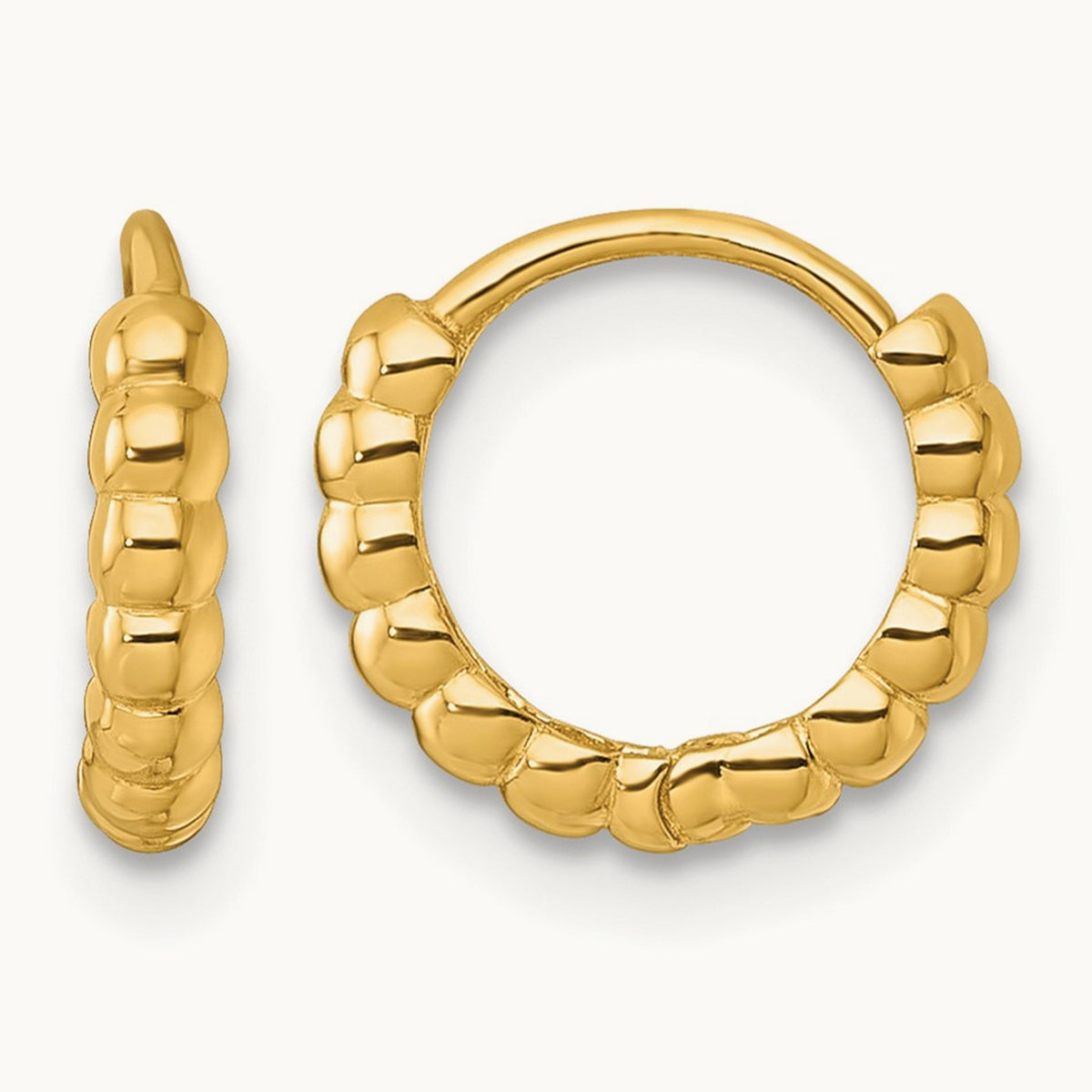 Polished Beaded Hinged Huggie Hoop Earrings, 2.25mm, 14K