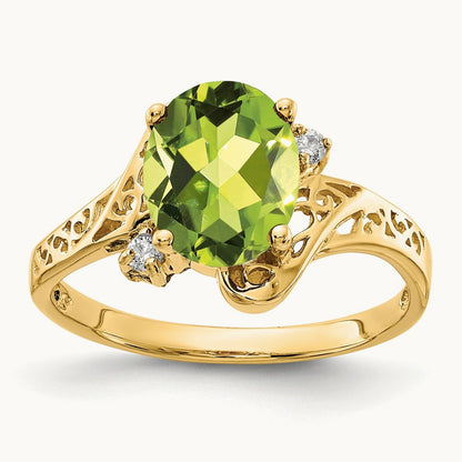 9x7mm Oval Peridot AA Diamond ring, 14K