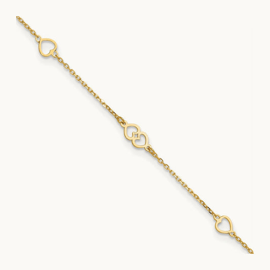 Polished Hearts 9in Plus 1 in ext. Anklet, 14K