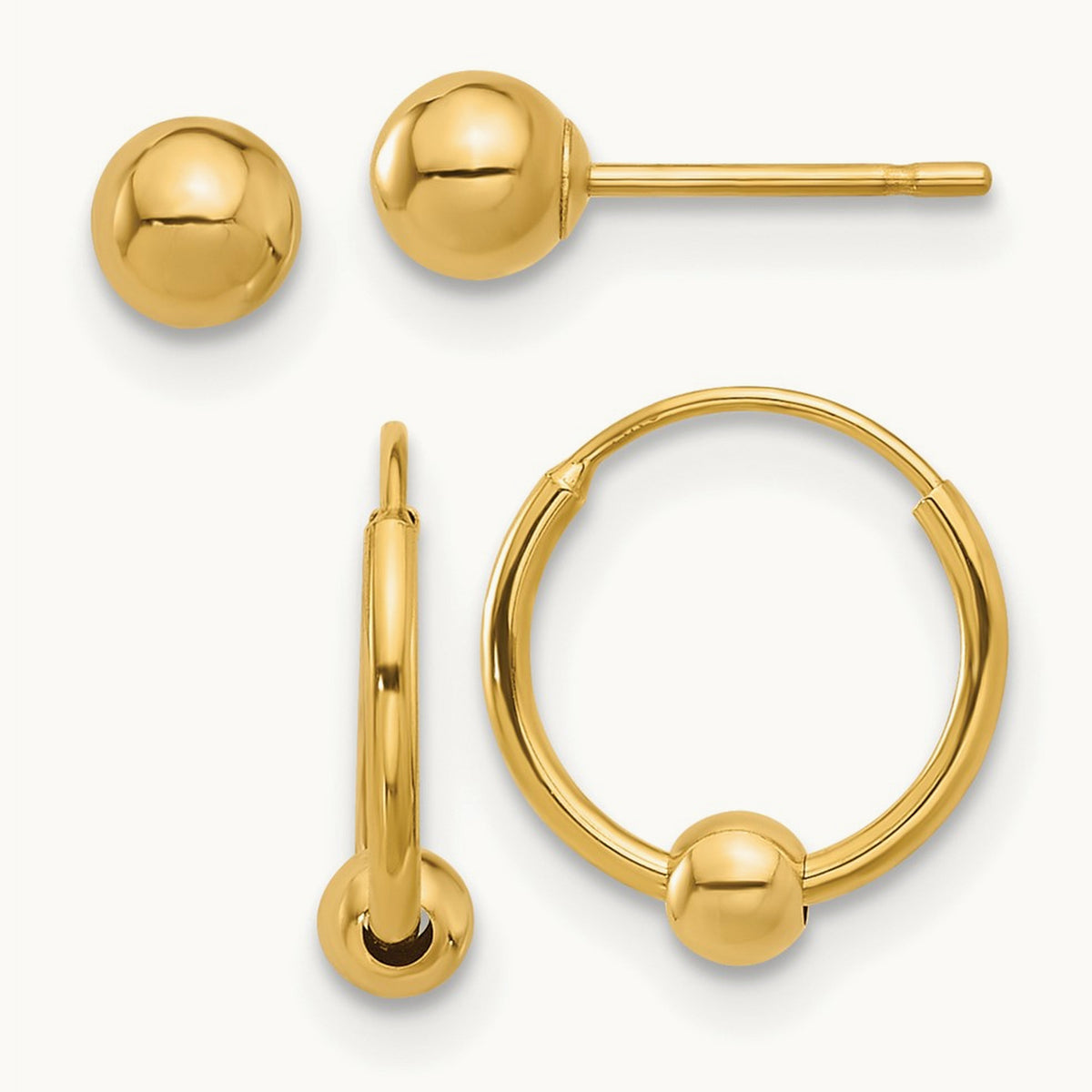 Polished Ball and Hoop Earring Set, 14K