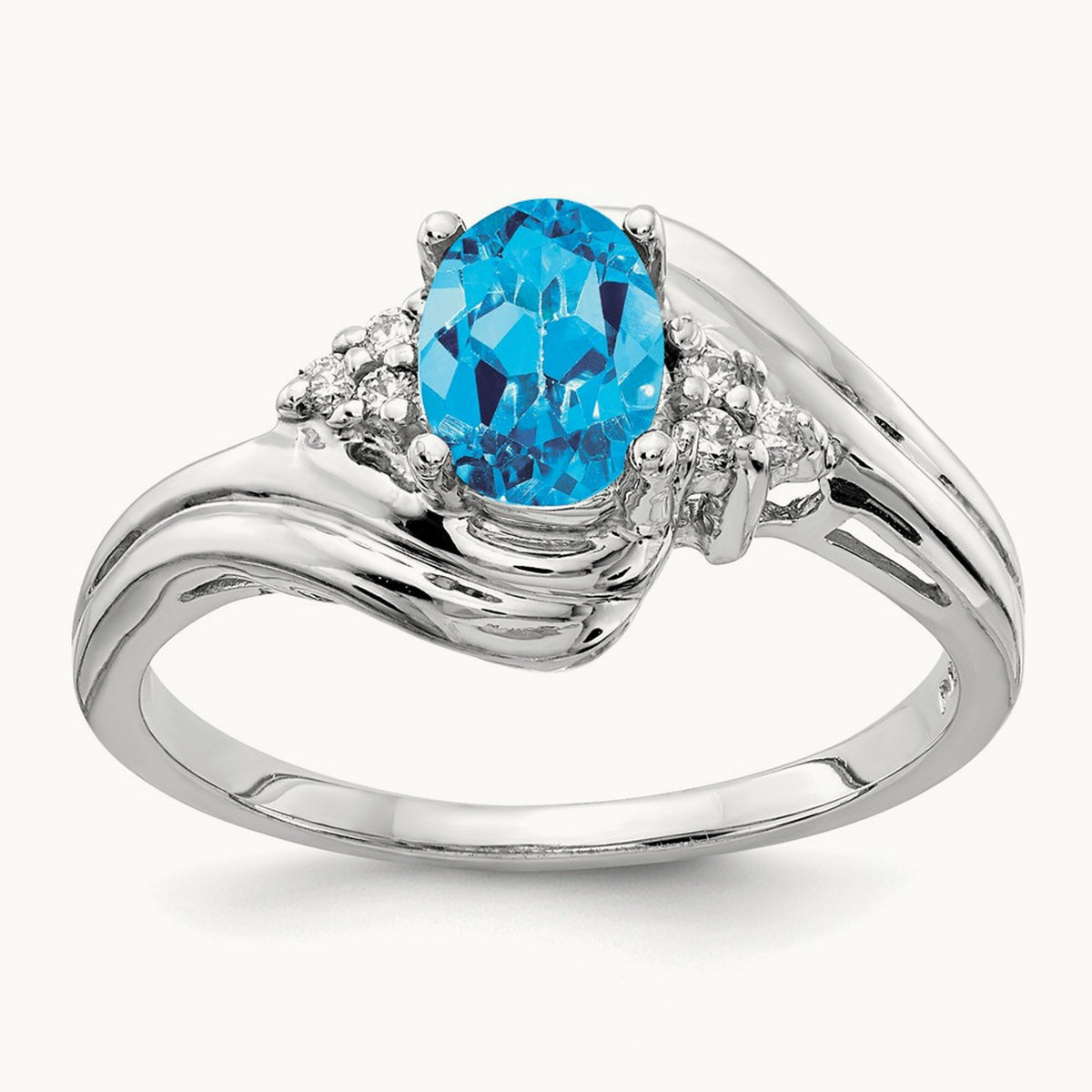 7x5mm Oval Blue Topaz AA Diamond ring, 14K White Gold