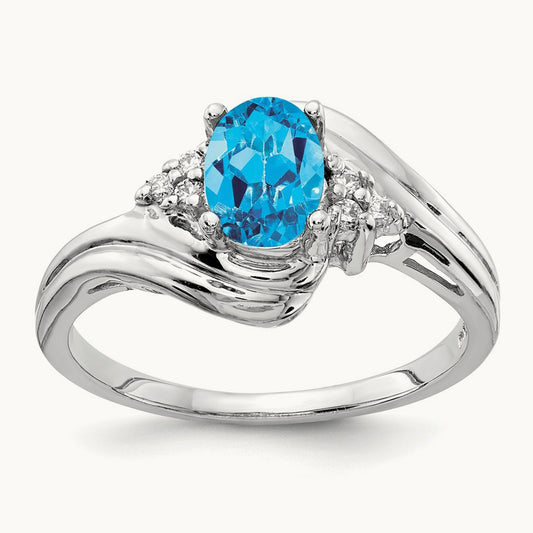 7x5mm Oval Blue Topaz AA Diamond ring, 14K White Gold