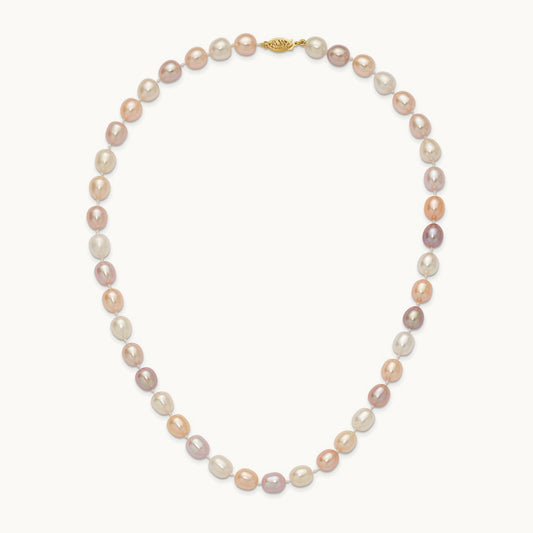 8- Rice Pink Purple White Alternating Color FWC Pearl Necklace, 9mm, 14K