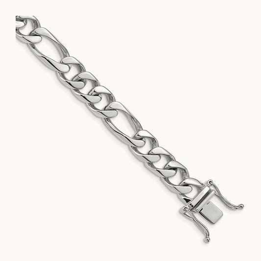Hand-polished Figaro Link Bracelet, 9mm, 14K White Gold