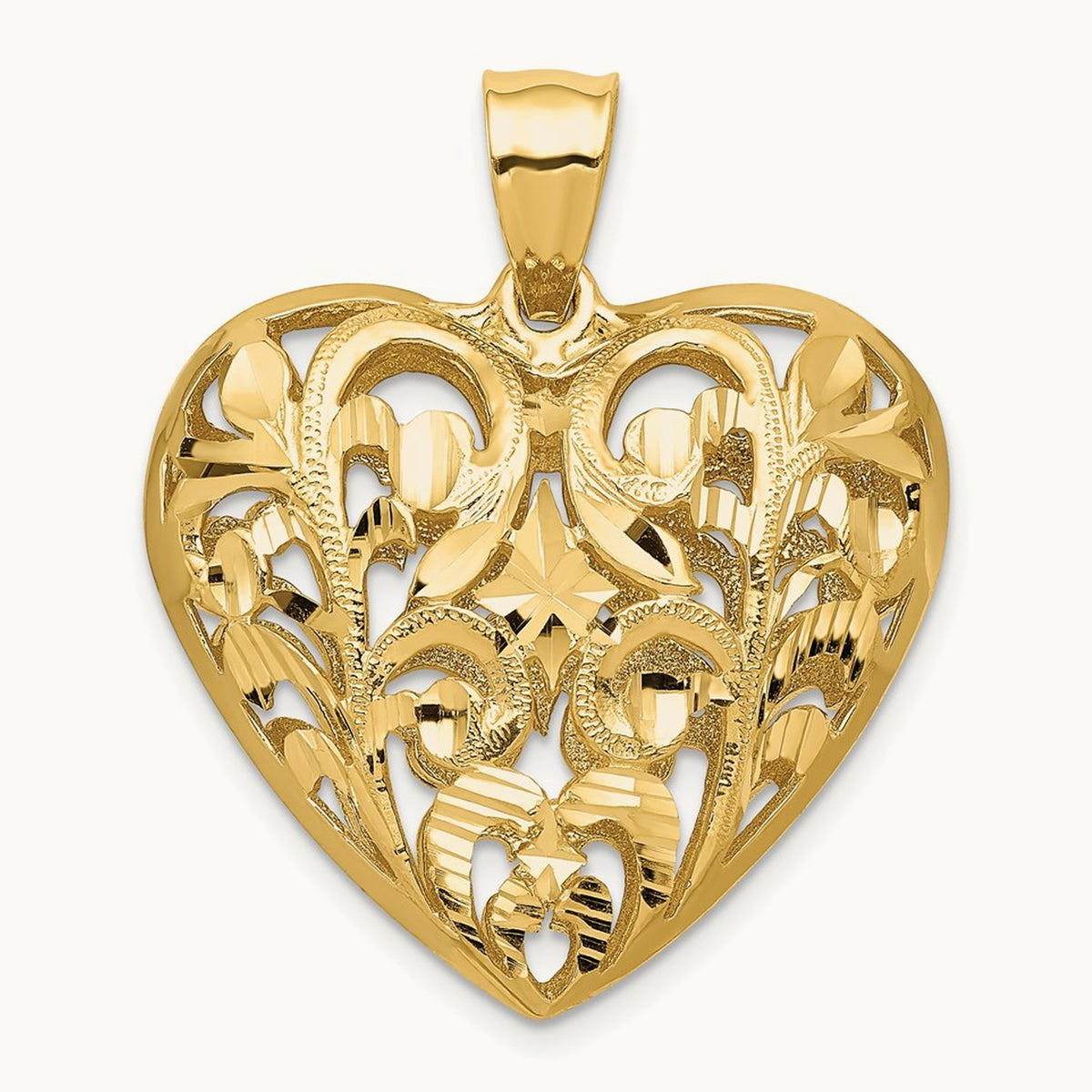 Polished Diamond-cut Filigree 3-D Heart Pendant, 14K