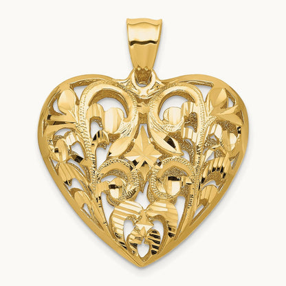 Polished Diamond-cut Filigree 3-D Heart Pendant, 14K