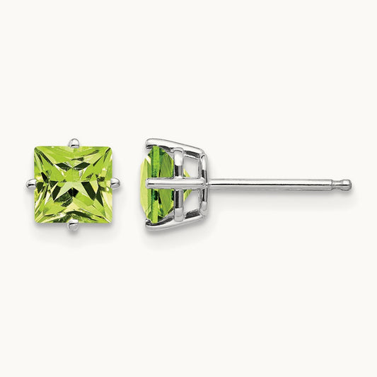 Square Step Cut Peridot Earrings, 5mm, 14K White Gold