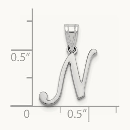 White Gold Script Letter N Initial Pendant, 14K White Gold