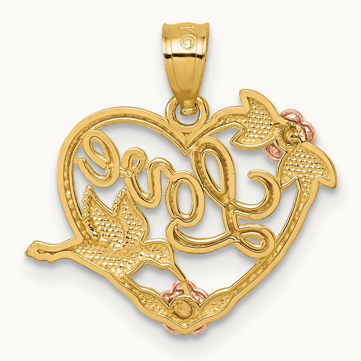& White Rhodium Polish Love Floral And Bird Heart Pendant, 14K Two-tone