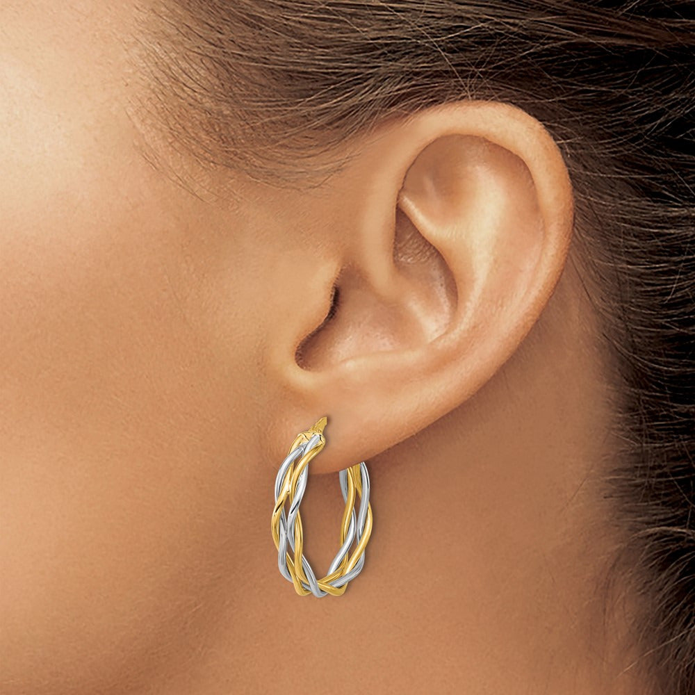 Polished Twisted Round Hoop Earrings with Rhodium — 25mm