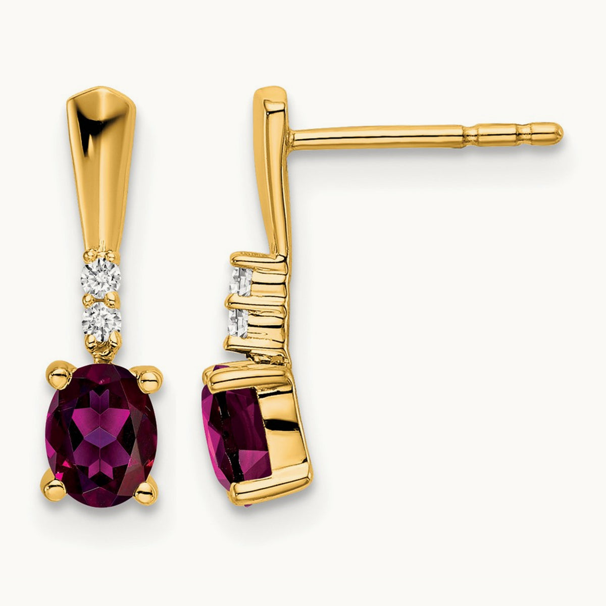 Oval Rhodolite Garnet and Diamond Dangle Earrings — 14K Yellow Gold