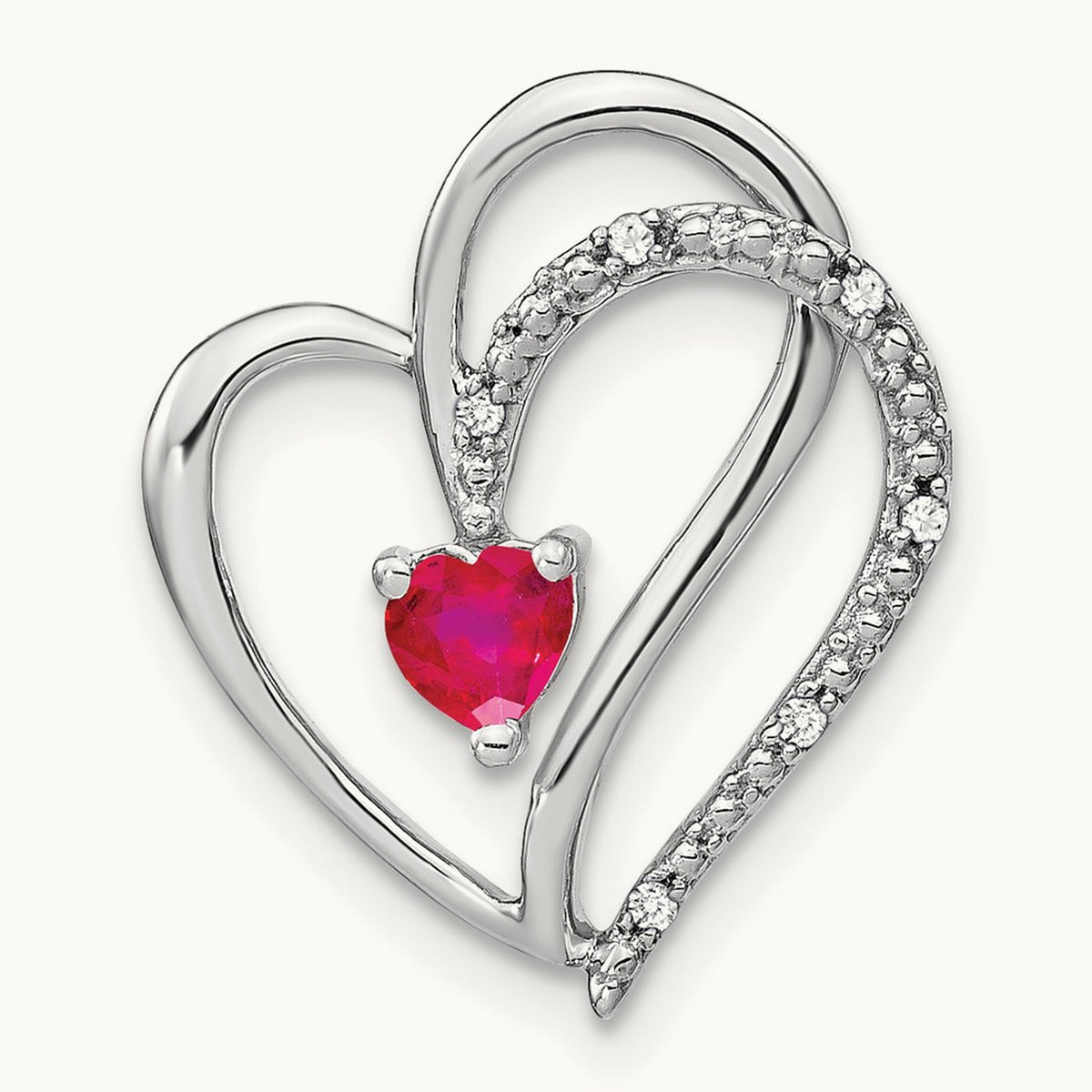 Ruby and Diamond Heart Chain Slide, 14K White Gold