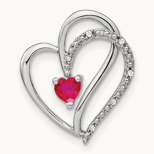 Ruby and Diamond Heart Chain Slide, 14K White Gold