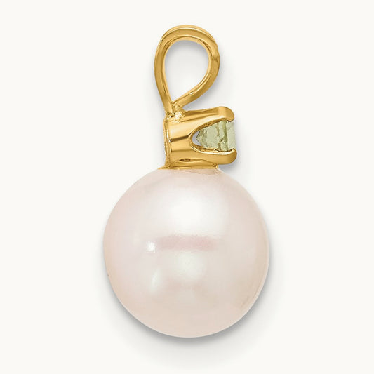 7- White Round FWC Pearl Peridot Pendant, 7.5mm, 14K