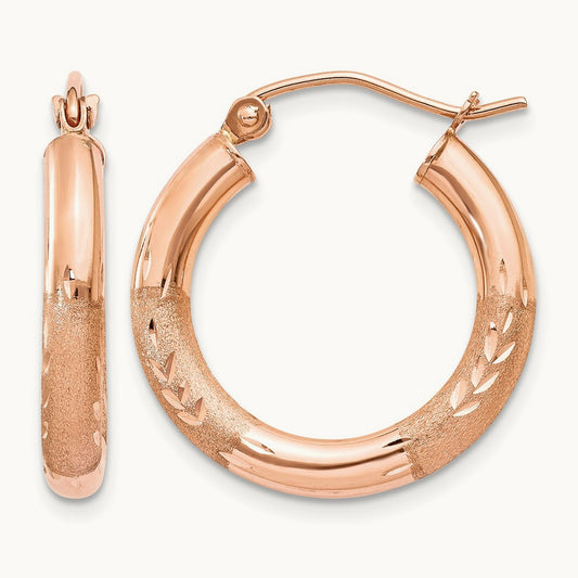 Satin and Diamond-cut Hoop Earrings, 3mm, 14K Rose Gold