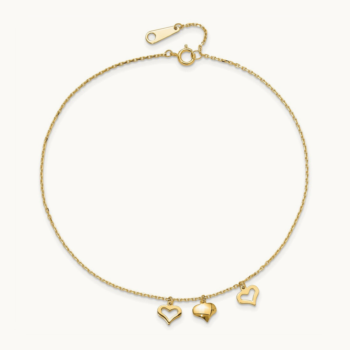 3 Hearts 10inch Plus 1 inch Extension Anklet, 14K