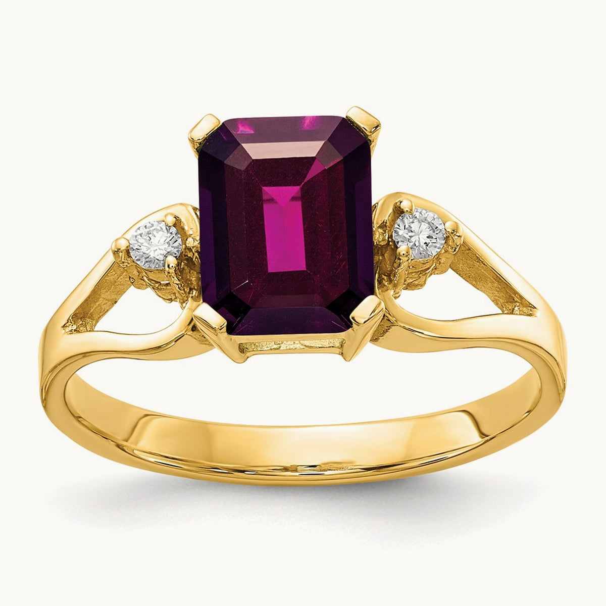 Emerald Cut Rhodolite Garnet Diamond Ring — 14K Yellow Gold, 8x6mm