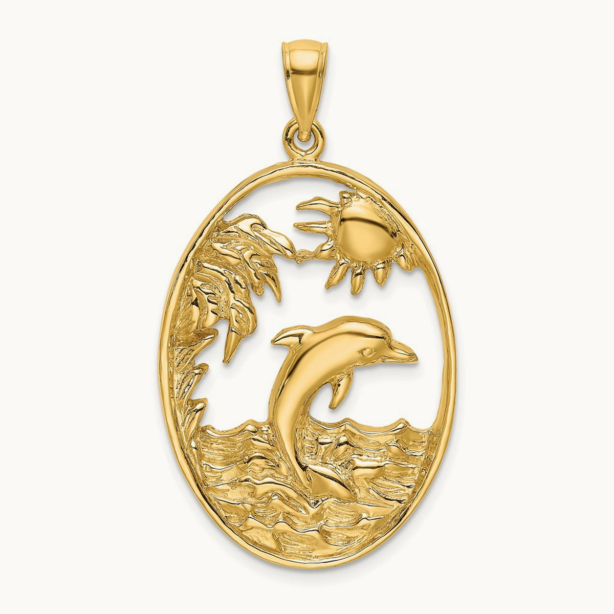 Dolphin Jumping in Ocean Scene Charm, 14K