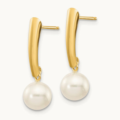 6- White Round Freshwater Cultured Pearl Post Dangle Earrings, 7mm, 14K