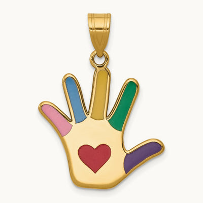 Enameled Autism w/Heart Handprint Pendant, 14K