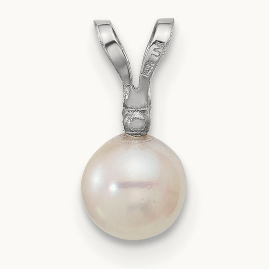5- White Round Saltwater Akoya Cultured Pearl Diamond Pendant, 6mm, 14K White Gold