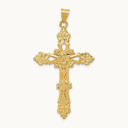 Polished Fleur de Lis Cross Pendant, 14K