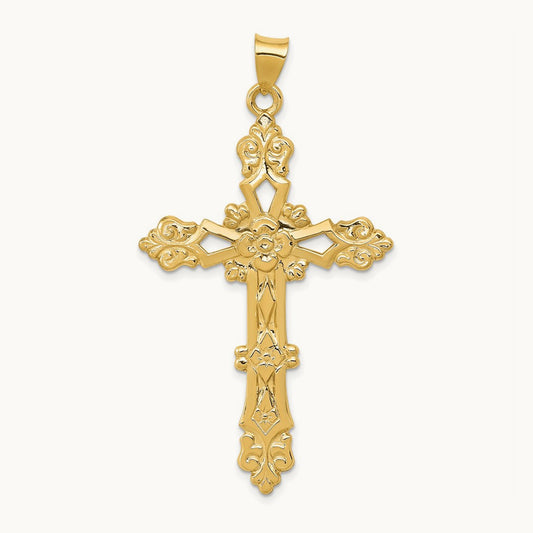 Polished Fleur de Lis Cross Pendant, 14K