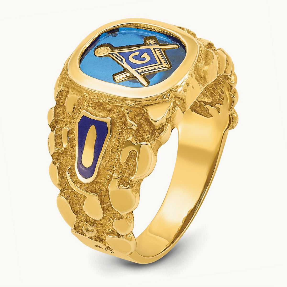 IBGoodman Men's Nugget Texture & Created Sapphire Masonic Ring, 14K