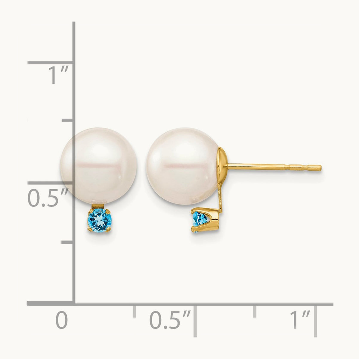8- White Round FW Cultured Pearl Swiss Blue Topaz Post Earrings, 8.5mm, 14K