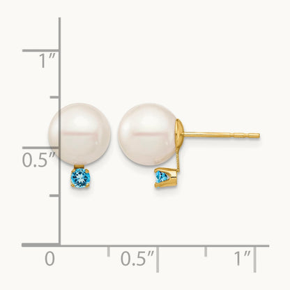 8- White Round FW Cultured Pearl Swiss Blue Topaz Post Earrings, 8.5mm, 14K