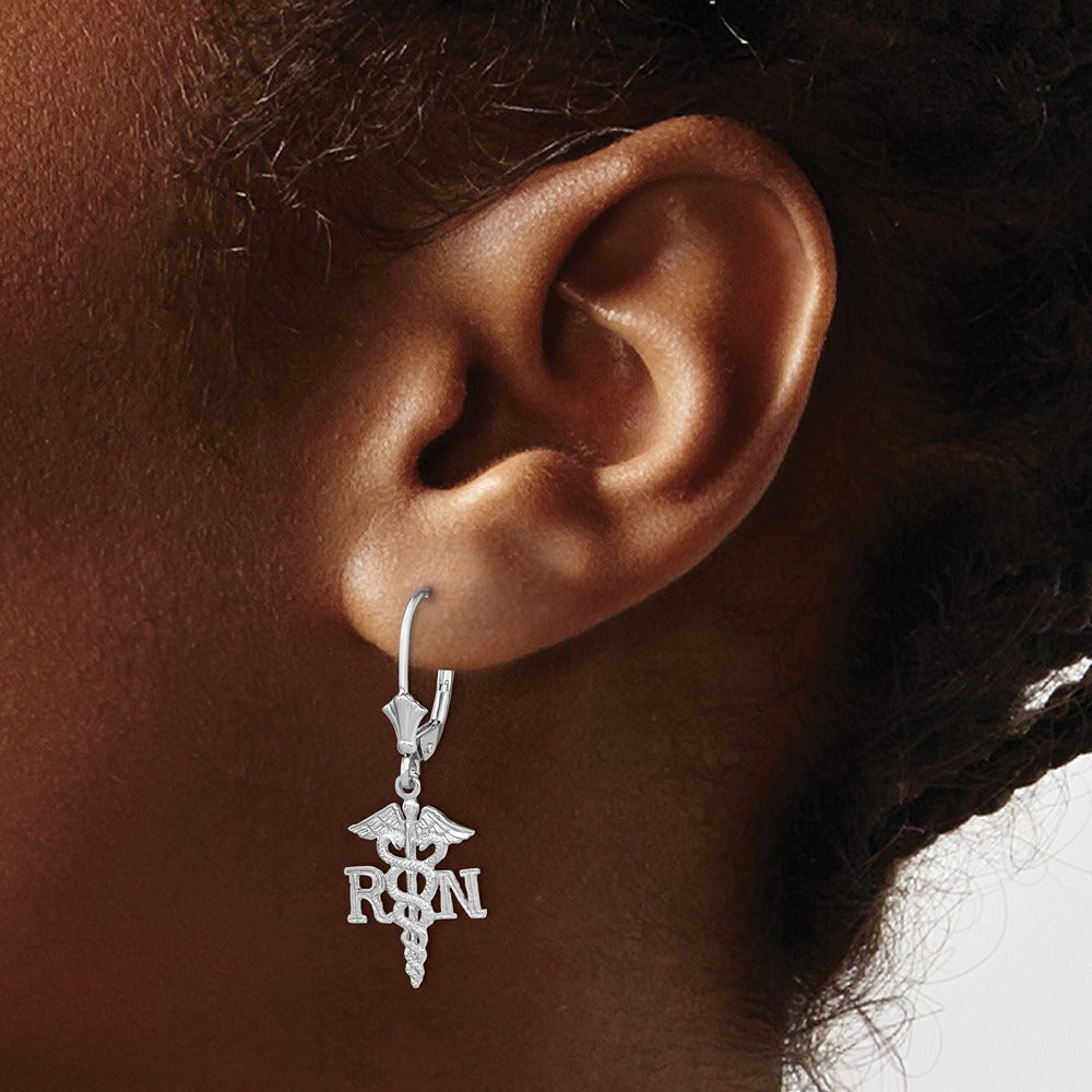 RN Caduceus Leverback Earrings — 14K White Gold